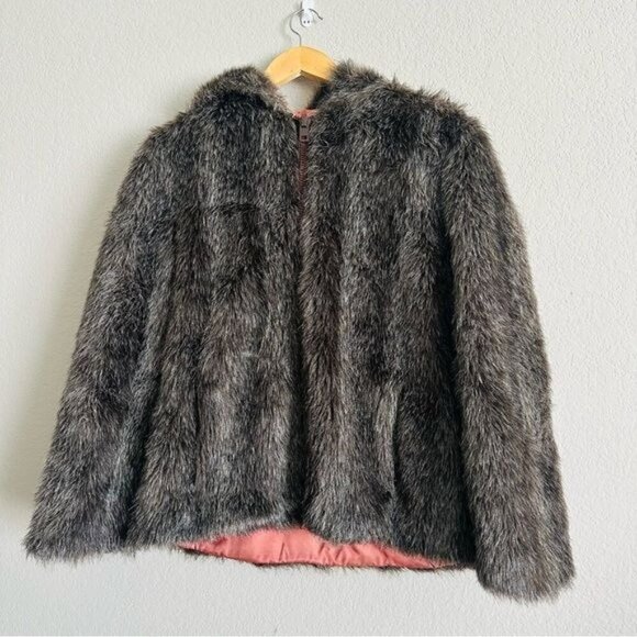 Vintage Brown Real Fur Hooded Zip Jacket Size Medium Mobwife Retro Style - Picture 2 of 10
